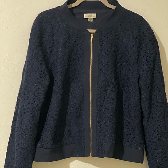Tahari Arthur S Levine NWT 18 blue lace Bomber jacket gold zipper - Picture 4 of 15